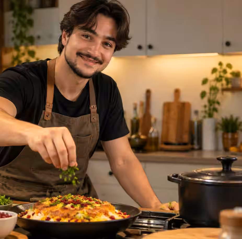 Hadi bereidt een Perzisch gerecht in een warme keuken